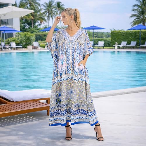 Image of Miss Lavish London Pink Ethnic Print Kaftan Dresses for Women V Neck Batwing Sleeve Beach Vacation Bikini Swimsuit Cover Ups, Plus Size African&Dubai Caftan Maxi Beach Dress with Side Slits-Pink-3XL