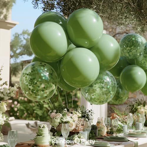 Image of RainbowQ Sage Green Latex Balloons: 55Pcs 12 inch Olive Green Confetti Party Balloons Helium Latex Balloon Ribbons for Birthday Anniversary Graduation Wedding Decoration