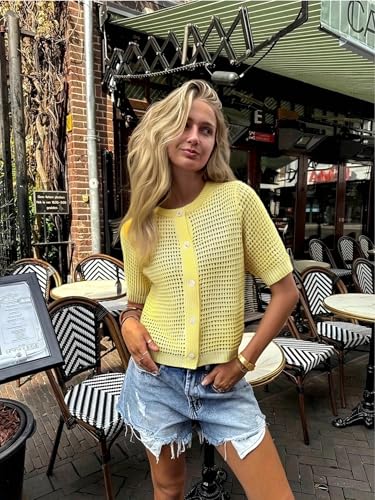 GORGLITTER Women's Button Up Cropped Cardigan Short Sleeve Sweater Fall Casual Boho Crochet Knit Tops3