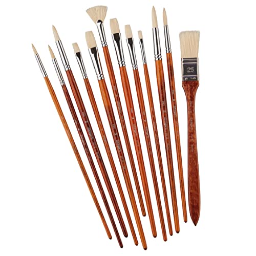 KINGART PRO Long Handle Natural Hog Bristle Brushes, Oil & Acrylic Painting, Storage Case, Set of 12