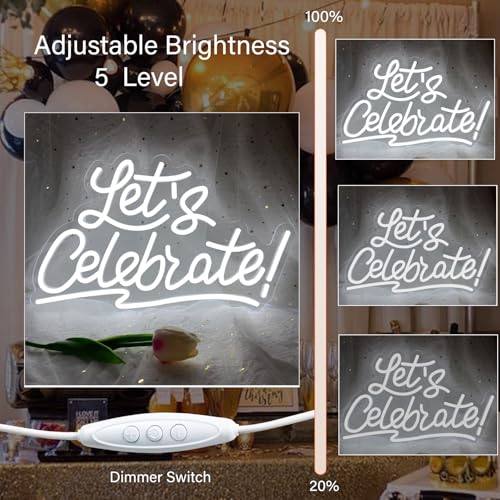 Image of Let's Celebrate Neon Sign, Dimmable LED White Letter Neon Light Signs, Lets Celebrate Neon Signs for Wall Decor, Lets Party Neon Sign Cheers Words Neon Signs Graduation Party Celebration Wedding Bar