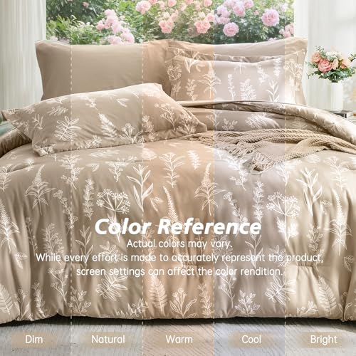 Image of MUXHOMO Taupe Full Comforter Set, Elegant Floral Print Bed in a Bag 7 Pieces, Ultra Soft & Breathable Reversible Botanical Pattern Bedding Set with Comforter, Sheets, Pillowcases, and Shams