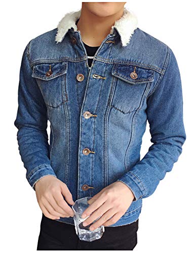 LifeHe 2018 Men's Classic Winter Fleece Lined Fur Collar Denim Jacket Coats (Blue, S)
