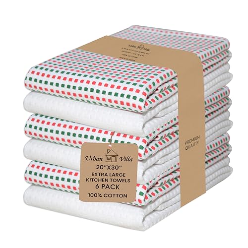 Urban Villa Kitchen Towels Cotton Dish Towels 20”x30” (Set of 6)Red/Grn/Wht