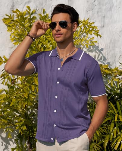 Alimens & Gentle Mens Shirts Casual Button Down Shirts Beach Vintage Knit Short Sleeve Polo Shirt for Men3