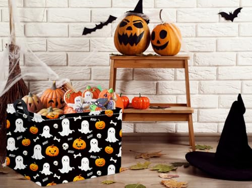 Image of Rectangular Halloween Basket for Boys and Girls Kids Trick or Treat Pumpkin Basket for Halloween Parties Cute Storage Bin Organizer Box Room Decor(Black halloween)