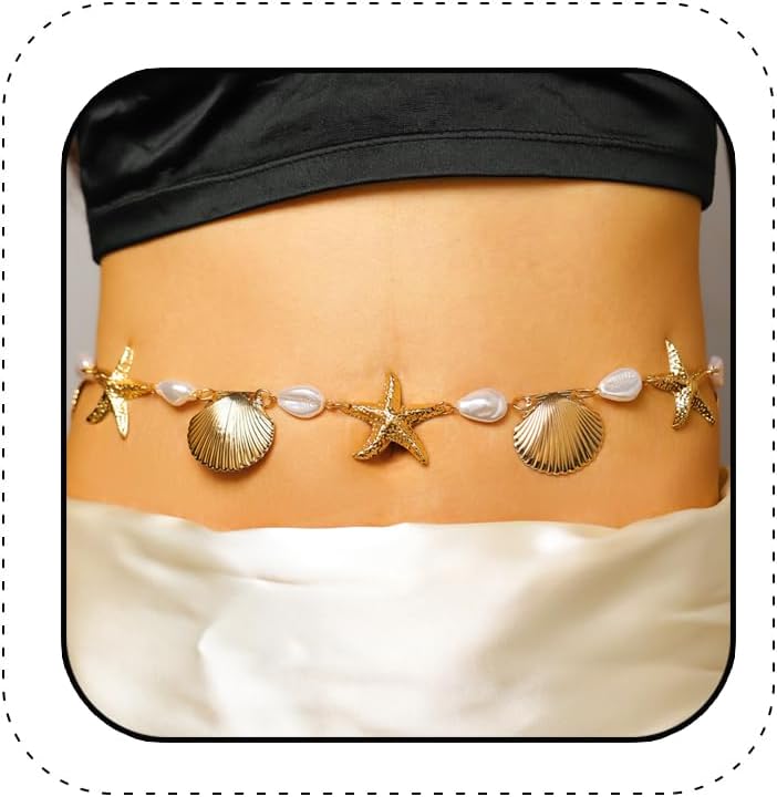 Gold Starfish Shell Waist Chain Belt for Women Boho Gold Pearl Starfish Seashell Belly Chain Body Chain Summer Beach Vacation Jewelry Surfing Bikini Costume Accessories