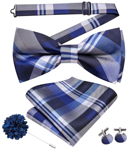 Image of Hi-Tie Bow Tie Men Pre Tied Bowtie Pocket Square Cufflinks Lapel Pin Formal Wedding Bow Ties for Men Party Tuxedo Bowtie Set,Blue White Plaid