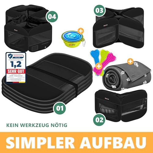 LOVPET® Welpenlaufstall Tierlaufstall Faltbar für Kleintiere Hunde, Katzen Inkl. Hundenapf und Fleece Decke Hundelaufstall Freigehege Oxfordgewebe Pop-up System Indoor & Outdoor, Schwarz