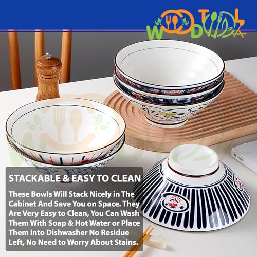Image of Ramen Bowl 1100 ml Asian Japanese Soup Pho Set Large Noodle Bowl Microwave Safe Ramen Bowl Set (Set of 4)