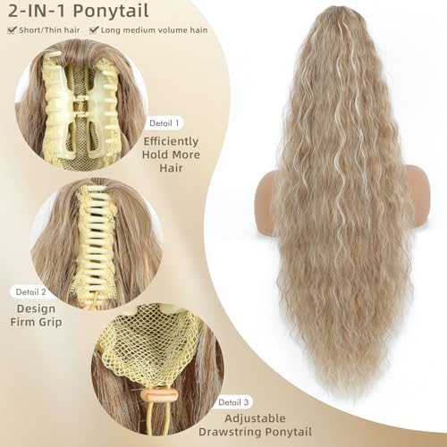 Image of Claw Clip Ponytail Extension 30In Wavy Curly Hair,Blonde Highlight H27 /88#