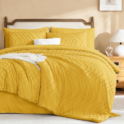 Image of Litanika California King Size Comforter Set with Sheets Mustard Yellow - 7 Pieces Bed in a Bag Cal King Chevron Tufted Complete Bedding Sets with Comforter, Sheets, Pillowcases & Shams