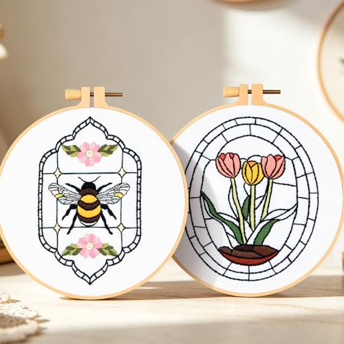 Image of Armindou Flowers Bee Embroidery Kits for Beginners Adults, Floral Hand Embroidery Set Needlepoint DIY Kits, Stamped Cross Stitch Kits for Beginners Adults, 2 Embroidery Hoops (Attached Video Tutorial)