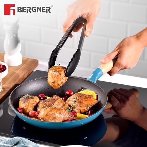 Image of BERGNER Excalibur Lightweight Cast Iron Frypan 24cm, Sturdy Wooden Handle, Non-Stick Coating, PFAS Free, Perfect Heat Distribution, Elegant Design - Induction and Gas Stove Ready (Blue)