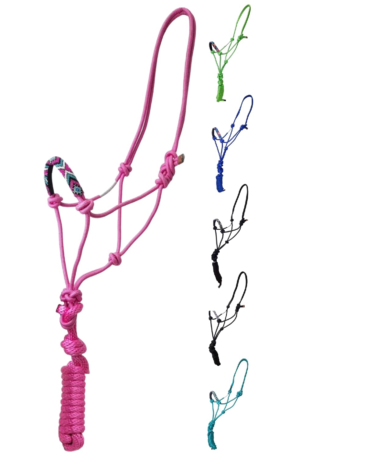 Tahoe Tack Copper Tip® Series Braided Rope Horse Halter with Navajo Beaded Noseband, Cowboy Knots, 10 Ft Lead