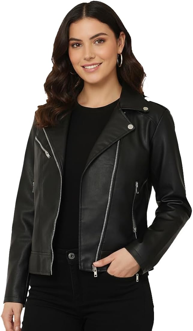 Buy Women Biker Leather Standard Length Jacket BLACK (IN, Alpha