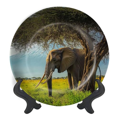 Decorative Plates for Display African Elephant Giant Tusks grazing Front Kilimanjaro Gift Plates Ceramic Collections Plates Hanging Artwork for Living Dining Room Kitchen Souvenir