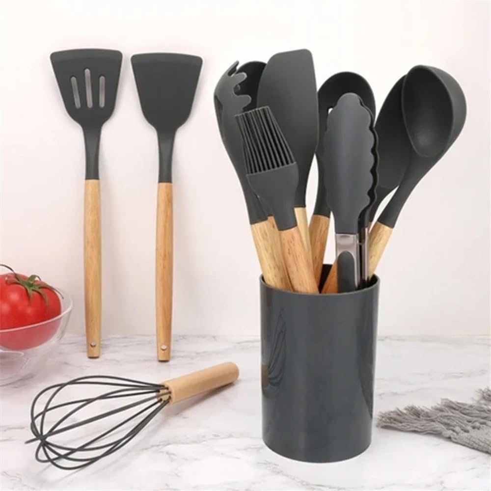 12-teiliges Silikon-Kochutensilien-Set mit Holzgriff, Küchenhelfer, Antihaft-Kochgeschirr, Spatel, Schaufel, Ei, Küchengeschirr, Schlägel (hellgrün)