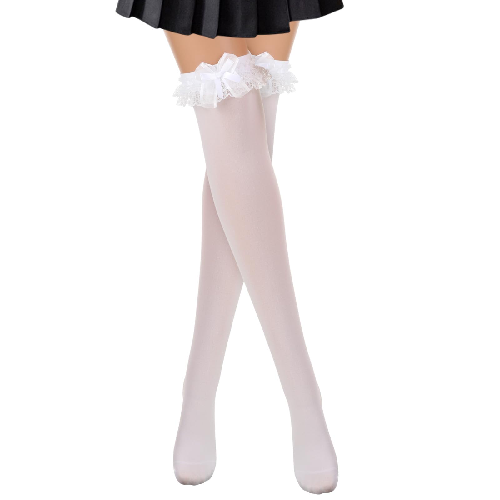 Chaussettes Hautes Blanches Avec Dentelle Et Nœud Pour Femme - Style Princesse, Cuisse, Pour Robe, Cosplay, Cadeau - 2