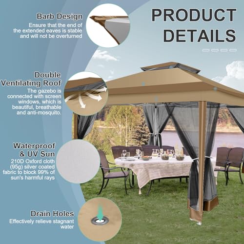 Image of COBIZI 12x12 Pop up Gazebo on Clearance Canopy Tent, carpas para Patio, Outdoor Canopy with Portable Carrying Bag for Vendor, Outdoor Patio Gazebo for Garden, Backyard,Beach, Brown