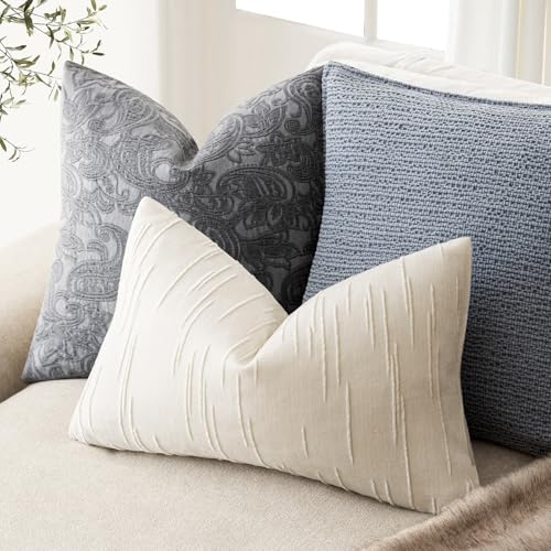 Image of Foindtower Pack of 2 Slubby Textured Chenille Throw Decorative Pillow Covers Lumbar Accent Solid Cushion Cover Neutral Farmhouse Pillow Case for Couch Sofa Bedroom Living Room 12x20 Inch,Cream White
