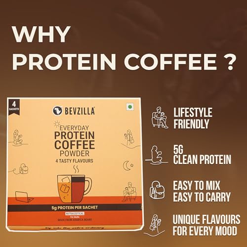 Image of Bevzilla Everyday Protein Instant Coffee Powder Sachets|40 GM(4x10g)| 5g Protein Each | Arabica Coffee | No Added Sugar | Hot & Cold Coffee Premix for Energy & Fitness (Pack of 2)