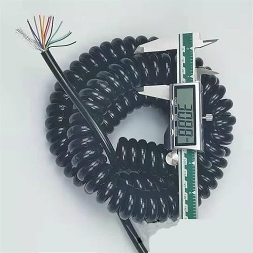 PWEFONRIX Coiled Mains Flex Curly Spring Cord, 10 Core 26AWG Spiral Telescopic Wire Stretch 1 Meter to 12 Meters Black Shield Spring Cable(Stretch 6 Meter)