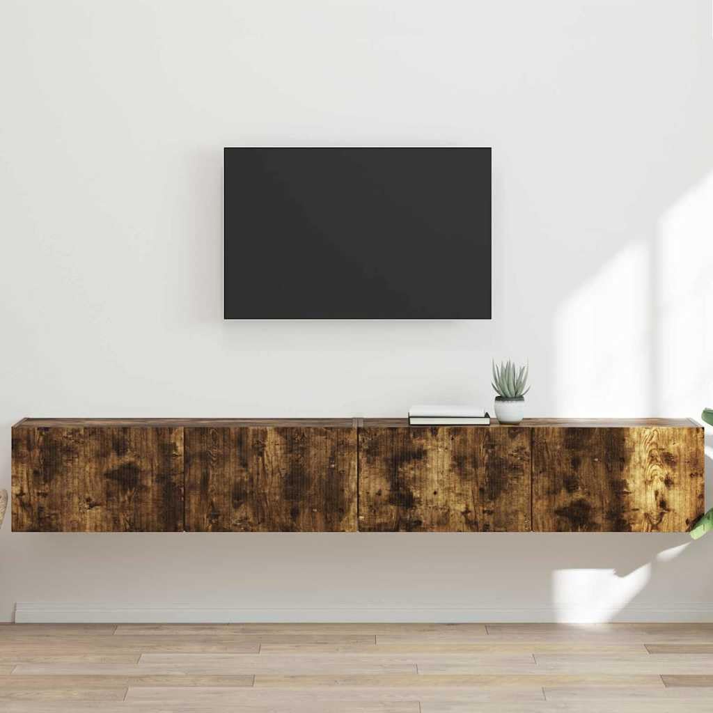 Szafka ścienna pod telewizor, zestaw 2 szt., wędzony dąb, 98 x 31 x 29,5 cm, materiał drewnopochodny, z drzwiami uchylnymi 90°, regał montowany na ścianie do salonu, minimalistyczny styl