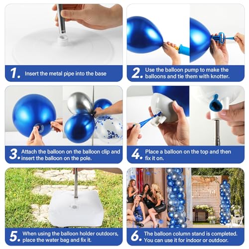 Image of 2 Sets Navy Blue and Silver Balloon Column Stand Kit with 100 Balloons Adjustable Balloon Tower Stand with Bases for Floor Confetti Balloon Column Kit for Graduation Birthday Appreciation Party Decor