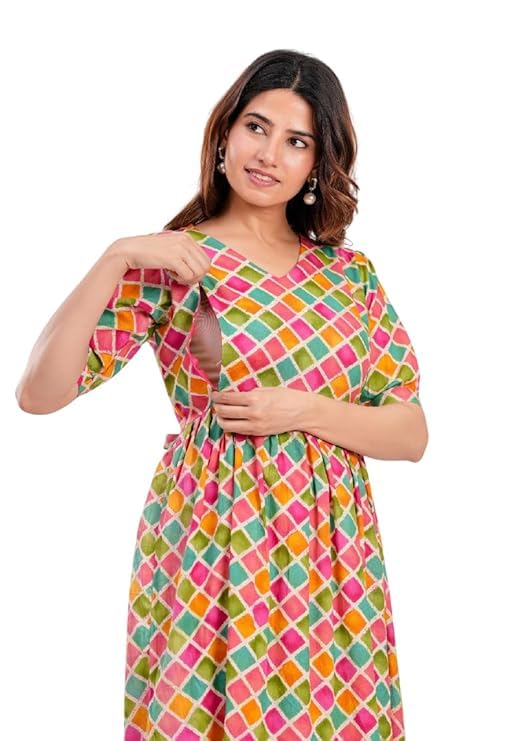 Image of Women Feeding Kurti for Women Cotton Maternity Kurta with Nursing Zip for Pre & Post Pregnancy