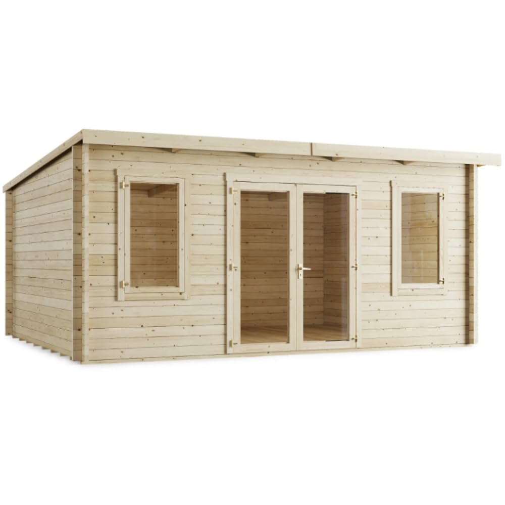 BillyOh Fraya 5m x 4m Log Cabin Summer House Shed with Standard Treatment Wood, Modern Pent Roof, Double Doors & Shatterproof Windows – Garden Room, Gym, Outdoor Office, Studio, or Garden House