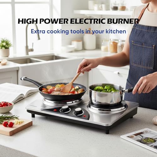 Image of Double Burner, CUSIMAX Electric Hot Plate for Cooking, 1800 Watts Portable Countertop Burner, Cast Iron Hot Plates with Dual Adjustable Temperature, Easy to Clean, Sliver