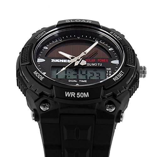 Fanmis Men's Solar Powered Casual Quartz Wrist Watch Analog Digital Multifunctional Black Sports Watch (Black) #TOP1