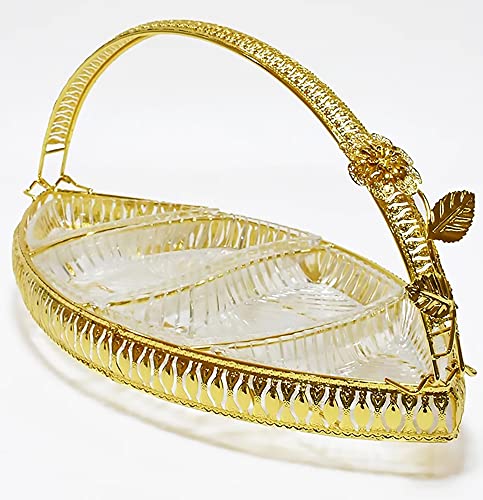 Chandler Golden Fruit Basket with Handle Glass Appetizer Plate Tableware Service Ware Golden Metal with Handle for Party and Wedding Service Middle Table Decoration (Boat)