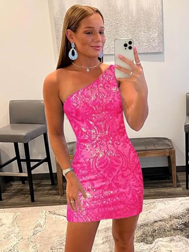 Tight One Shoulder Sequin Homecoming Dresses for Teens Sparkly Short Prom Cocktail Gown2