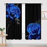 Cinbloo Blue Floral Curtains 42Wx63H Inch Rod Pocket Rose Blooming Flower for Girls Women Bedroom Decor Valentine Lover Romantic Female Vintage Art Printed Living Room Window Drapes Fabric 2 Panels