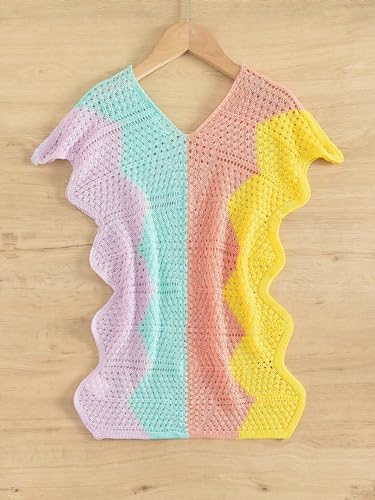WDIRARA Girl's Crochet Cover Up Color Block Short Sleeve V Neck Beach Swimsuit Coverups2