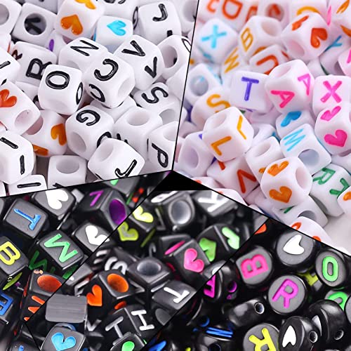 HERZWILD 1000pcs Letter Beads and Heart Beads Acrylic Alphabet Letter Cube Bead Square Loose A-Z Bead for Beading Making Art Craft Weaving DIY Bracelets (White-Black) - Image 3