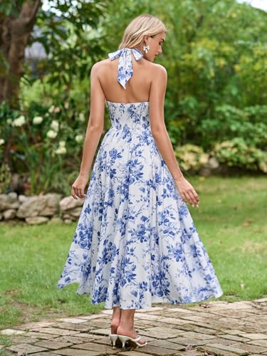 Image of Parthea Women's Gingham Halter V Neck Midi Dress Corset Smocked Sundress Flowy A Line Wedding Guest Dresses
