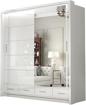 Modern 2 & 3 High Gloss Sliding Door Wardrobe with Mirror & Led Light   MDF Bedroom Wardrobe with Drawers, Hanging Rail, Shelves for Bedroom Furniture White, 208cm