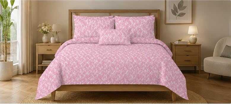 Image of Luxury Glace Cotton King Size Bedsheet with 2 Pillow Covers (108 x 108 Inch) | Soft & Breathable Fabric | Elegant Print Bed Sheet 3 Pc Bedding Set for Bedroom - Pink White Bail