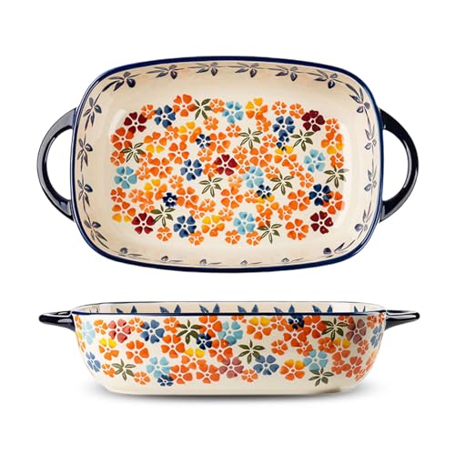 Auflaufform Keramik Mit Griff, Vintage Lasagneform Keramik Backform, Lasagne Pfannen Ofenform für Lasagne Tiramisu Aufläufe Küche Dekor Geschenke (Rechteckig Große, 33,6 x 19 x 7,1cm)
