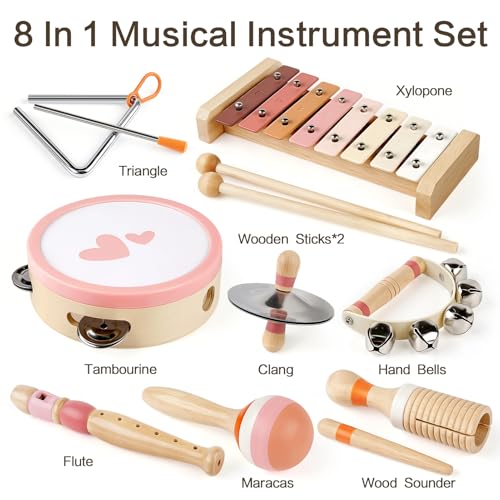 Musical Instruments for Girls - Toys for 2 3 Year Old Girl Birthday Gifts - 8 in 1 Wooden Montessori Musical Set with Xylophone/Tambourine/Maracas/Flute for Toddler 2-4(Pink) - Image 4