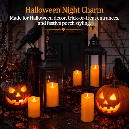 Image of Homemory Halloween Orange Waterproof LED Candles, Remote Timer, Set of 6 | Flameless candles, D3 x H4 /4 /5 /6 /8 /8 in, plastic shell, indoor outdoor fall decor, porch, patio, pathway and lanterns