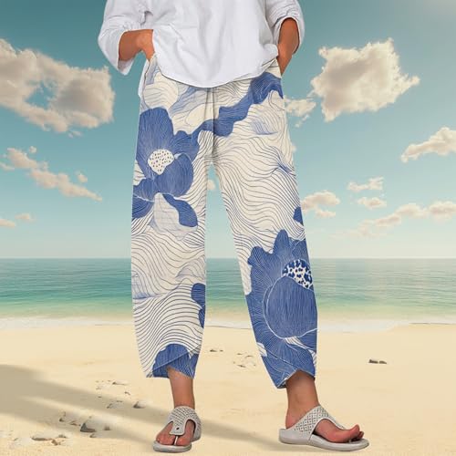 Capris Linen Pants Women Ocean Art Print Baggy Wide Leg Elastic Waist Pallazzo Hippie Pants for Beach2