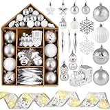 DomeStar 70PCS Christmas Ball Ornaments Set, Silver and White Shatterproof Xmas Tree Ball Ornaments Bulk for Xmas Holiday Party Decor