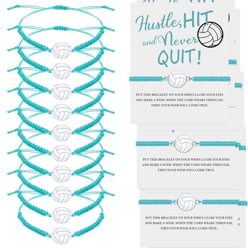 Hicarer 12 Pcs Volleyball Charm Bracelet Bulk Volleyball Team Gifts Adjustable Woven Bracelet with Gift Card Sport Party Favor (Light Blue)