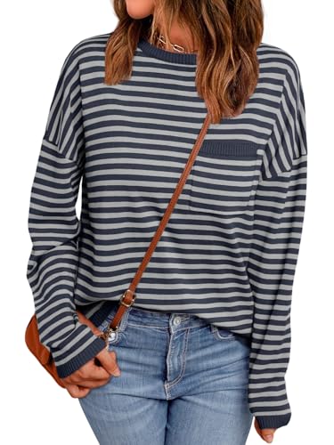 Image of LILLUSORY Womens Striped Soft Knit Pullover Sweater Loose Fit Shirts with Chest Pocket