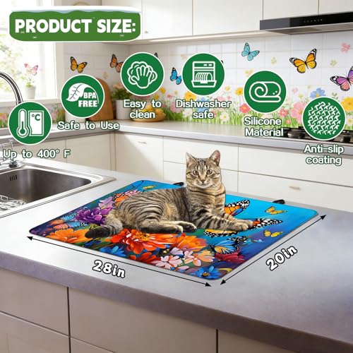 Image of Spring Stove Top Cover for Electric Stove 28 inchx 20 inch, Flowers Butterflies Heat Resistant Glass Top Stove Cover Protector, Glass Cooktop Covers, Kitchen Flat Electric Stove Top Covers