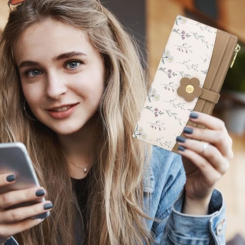 Image of Farcauo Long Floral Womens Wallet Cute Wallets for Women Brown Women's Wallet Kawaii Flower Card Wallets for Women Ladies